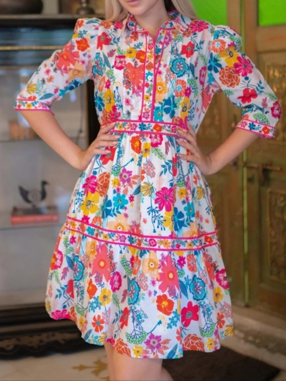 Sohana (Sz M) Multicolor Floral PuffSS Midi Dress in White, Pink & Yellow Blooms - Picture 13 of 15